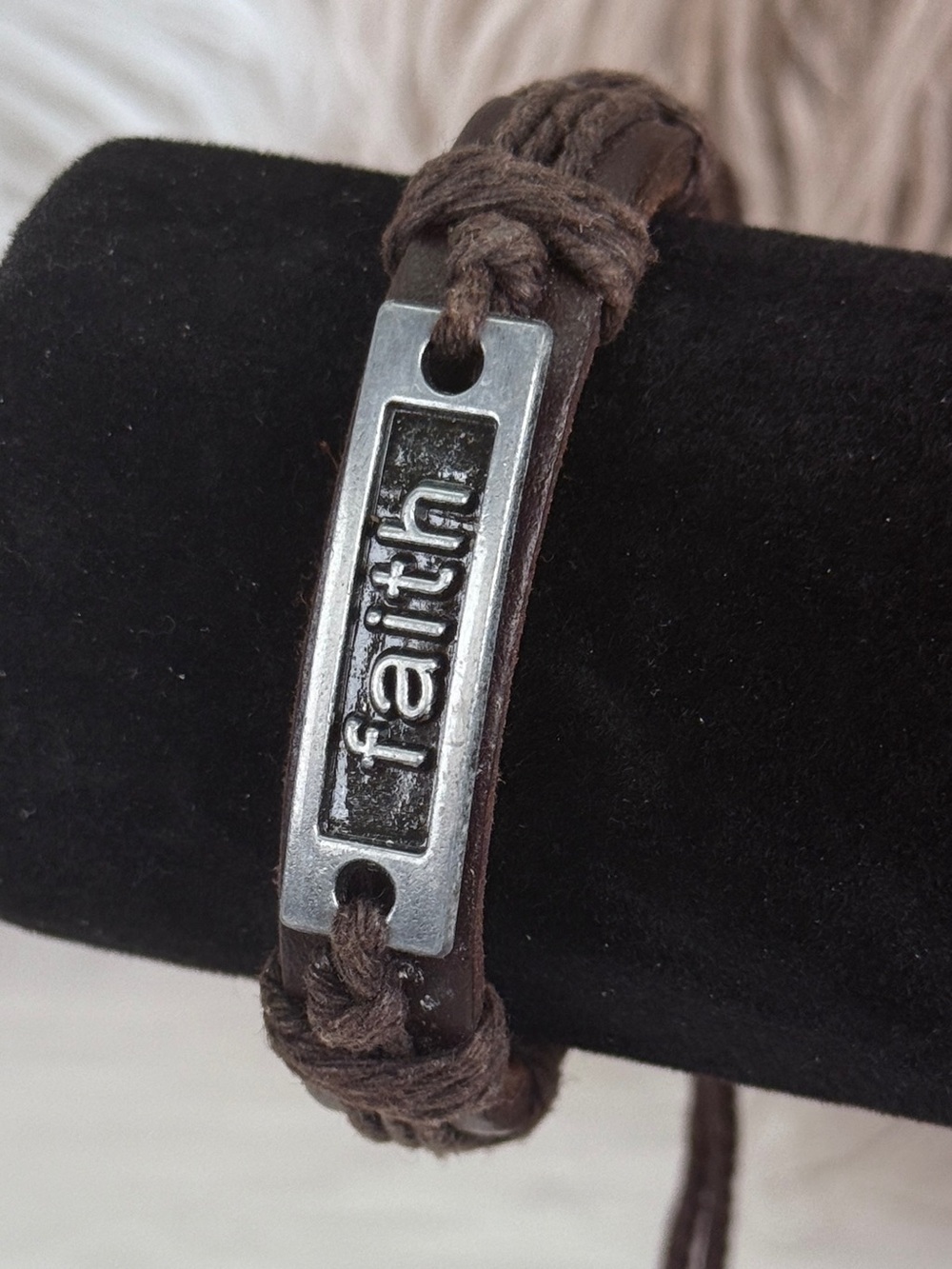 Faith Brown Cord Bracelet Silver Tone Message Plate Adjustable Boho